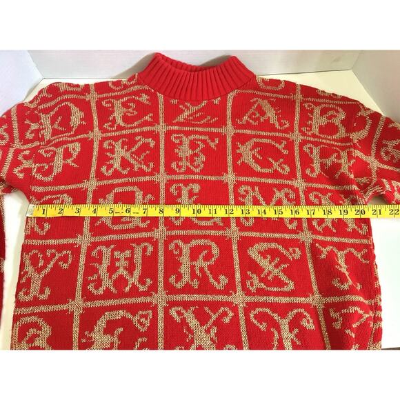 Vtg 80s Adele Boho Christmas All Over ABC Print Knit Sweater Gold/red Sz M - Picture 7 of 10